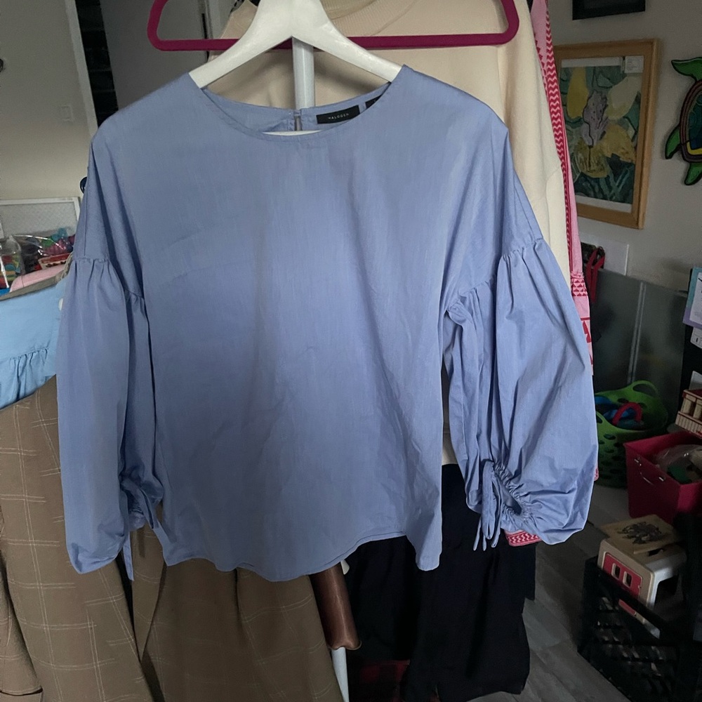 Halogen Light Blue Blouse with Ruched Sleeves